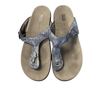 SAS Shoes T-Strap Slide Sandals Shoe‎ Slip one USA Made Blue with Silver SZ 8 M